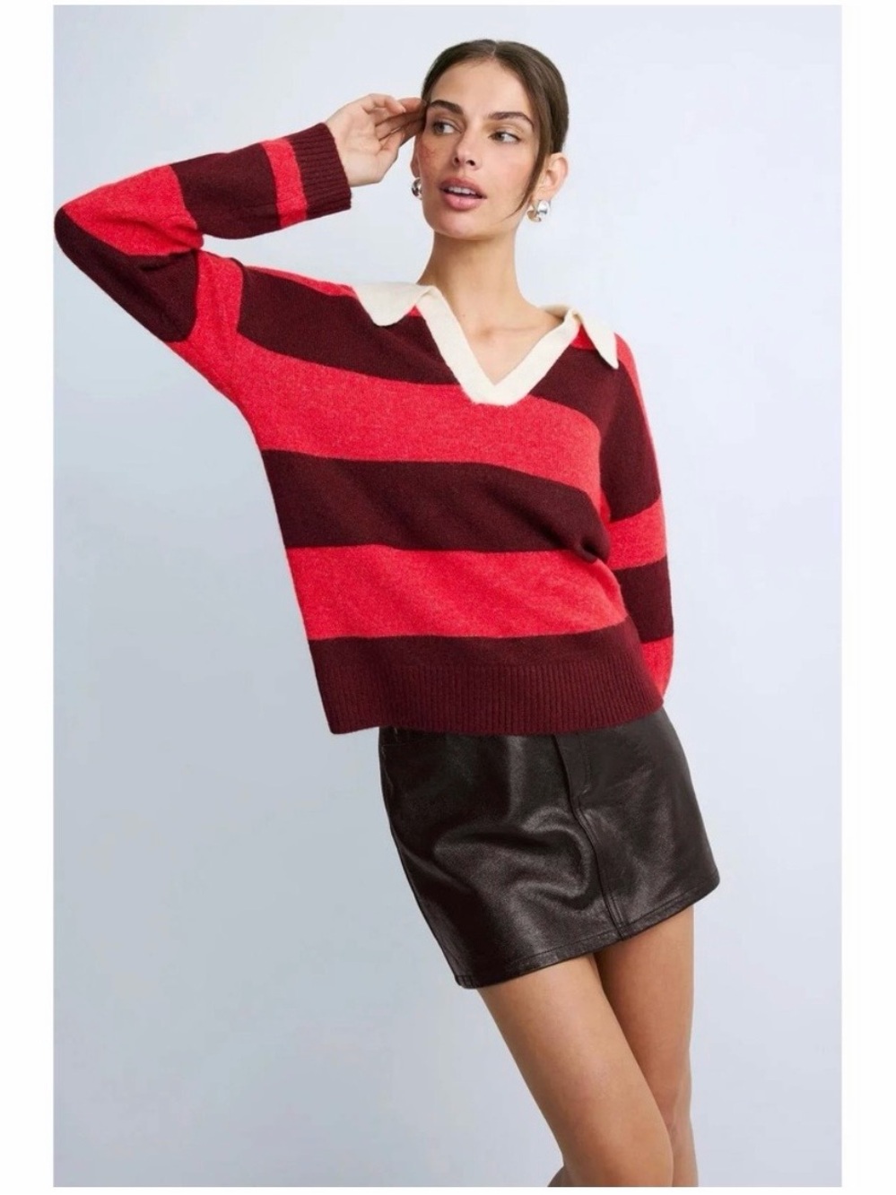 Central Park West Striped V-Neck Sweater in Red and Burgundy - EUC